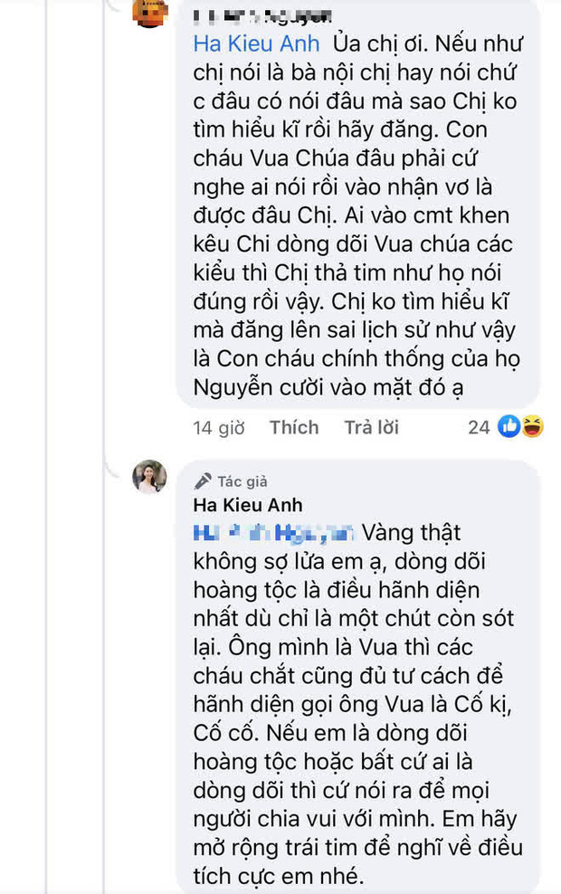 Hoa hậu Hà Kiều Anh đáp trả tay đôi với cư dân mạng khi bị mỉa mai là đăng tải thông tin sai lịch sử cũng như 'nhận vơ' là con cháu vua chúa