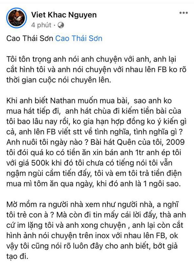 Bài viết của nhạc sĩ Khắc Việt, bày tỏ thái độ gay gắt cũng như 'tố ngược' Cao Thái Sơn giả tạo, ép giá anh
