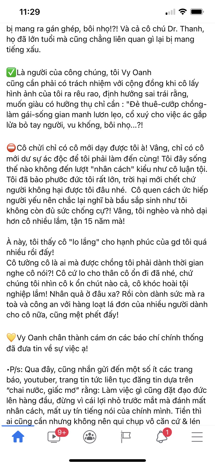 Bài đăng dài thông báo Vy Oanh chính thức bí mật Phương Hằng được nữ ca sĩ chia sẻ trên trang cá nhân