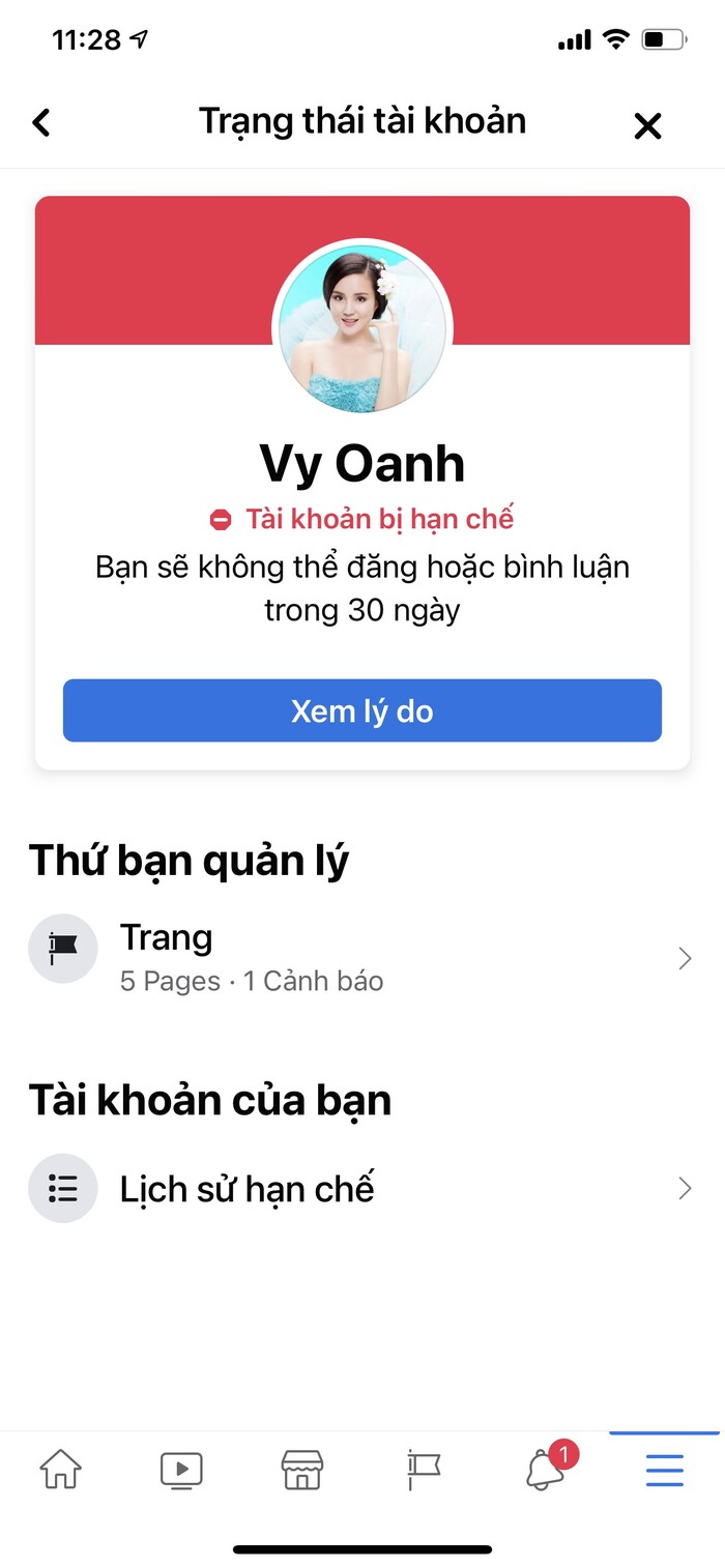 Bài viết không chỉ biến mất mà tài khoản của Vy Oanh cũng bị giới hạn, không thể đăng hay bình luận trong 30 ngày.