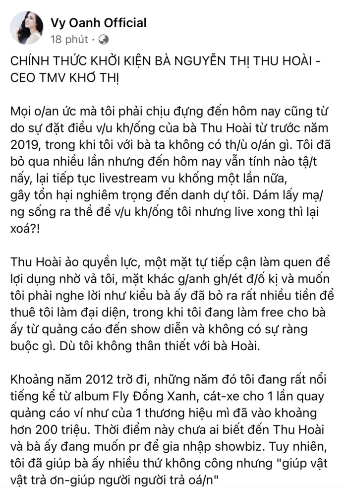 Bài đăng của Vy Oanh, tuyên bố khởi kiện Thu Hoài trên trang cá nhân