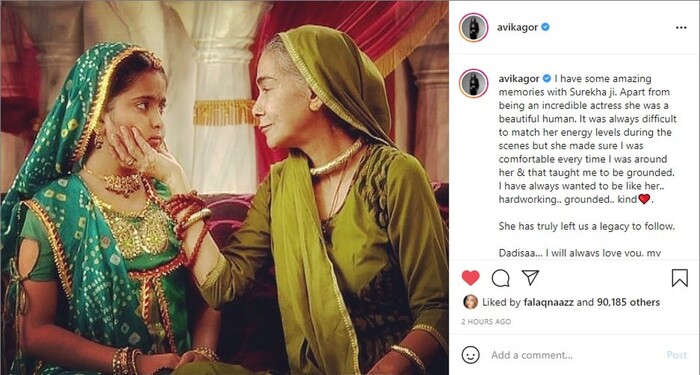 Diễn viên Avika Gor chia sẻ trên trang cá nhân cùng với những kỷ niệm đẹp với 'bà nội' Surekha Sikri