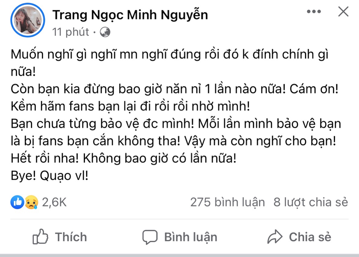 Chỉ vài phút sau khi đăng tải bài viết đính chính, Lương Minh Trang đăng tải bài viết thừa nhận chồng cũ là người 'vũ phu và thích mặc váy' mà cô ám chỉ trước đó