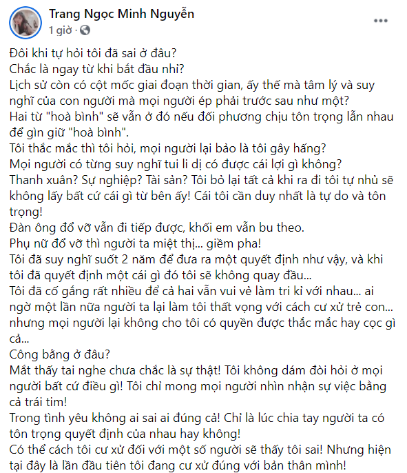 Việc Lương Minh Trang liên tục đăng đàn, tố cáo chồng cũ khiến nhiều người không khỏi ngán ngẩm