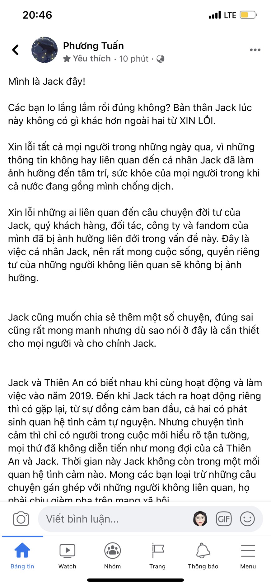 Bài đăng gửi lời xin lỗi đến người hâm mộ của Jack nhưng anh lại không đả động gì đến T.V hay Q.T.L