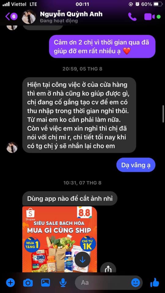 Hàng loạt tin nhắn qua lại giữa Quỳnh Anh và nhân viên về việc trả tiền lương.