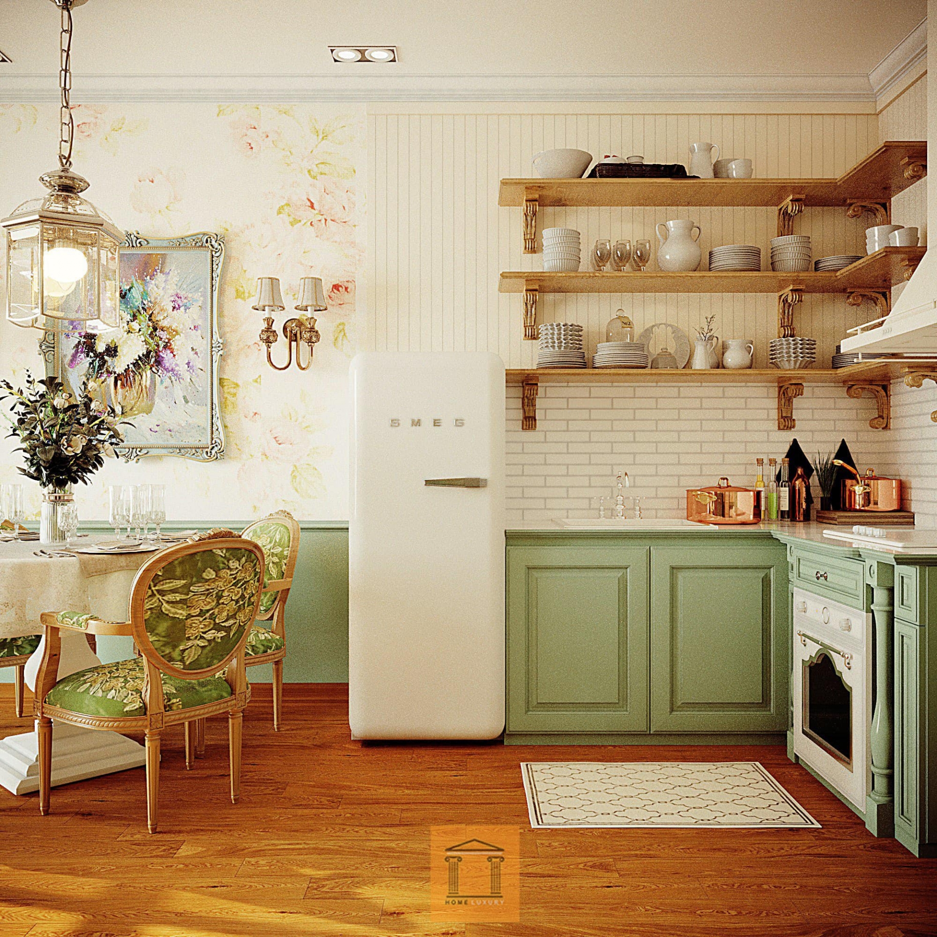 Ngôi nhà được thiết kế theo tone xanh lá cây - trắng mang lại cảm giác dịu dàng, thanh lịch. Hòa Minzy chia sẻ, do chỉ thi thoảng diễn ở Hà Nội nên cô đầu tư bàn ăn và bếp nhỏ xinh, phù hợp với diện tích căn nhà. 