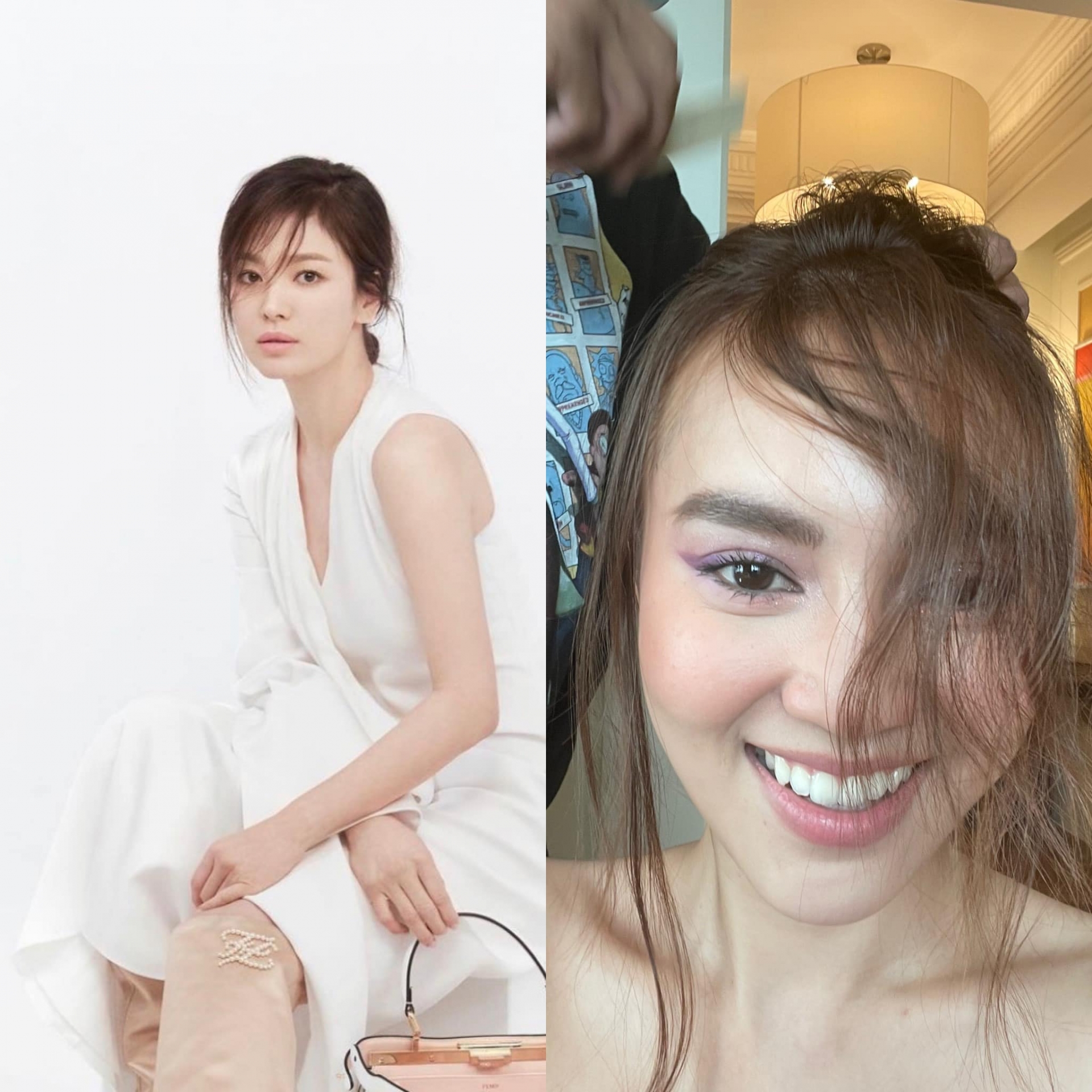 Ninh Dương Lan Ngọc gây cười với hình ảnh make-up theo phong cách của Song Hye Kyo. 'Khi bạn mơ ước giống idol Hàn. Nhưng makeup artist mần ra thế này', cô kể.