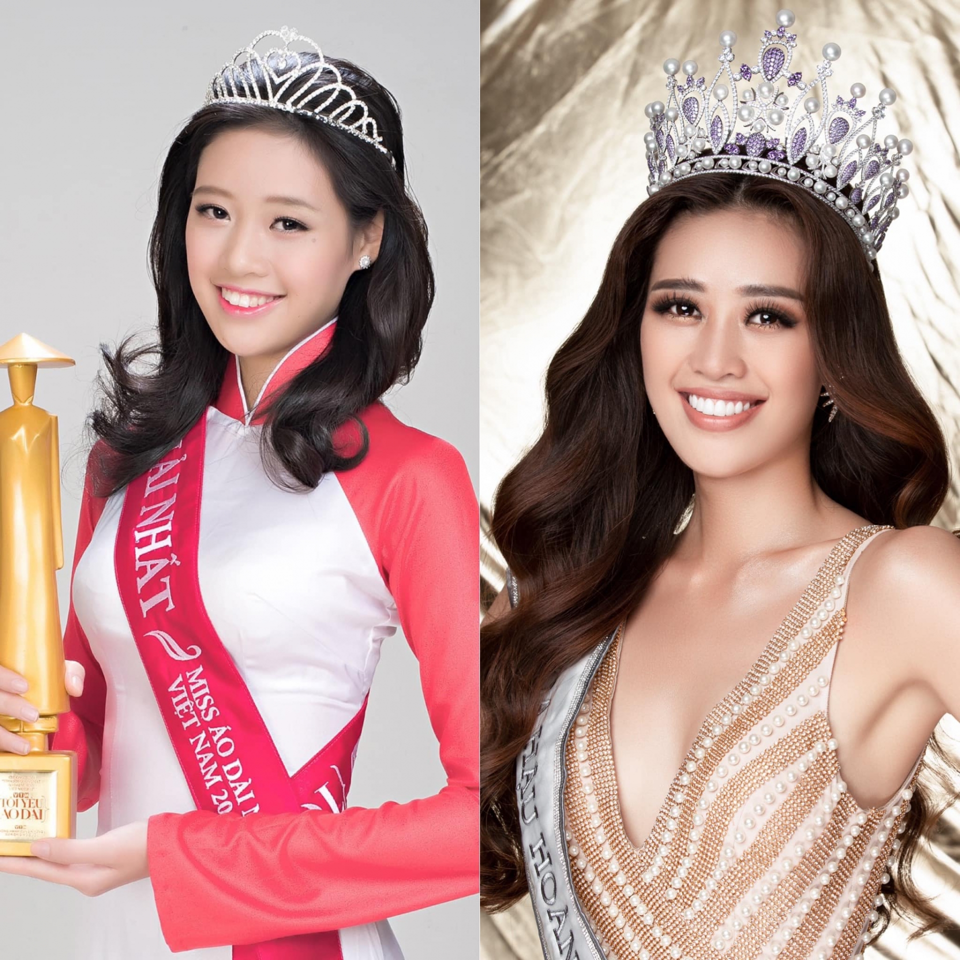 Khánh Vân chia sẻ hình ảnh so sánh lúc cô đăng quang danh hiệu Miss Áo dài năm 2013 và Hoa hậu Hoàn vũ Việt Nam 2019. Có thể thấy, nàng hậu hiện tại vẫn giữ được vẻ ngoài rạng rỡ, nụ cười tươi tắn nhưng đã có sự trưởng thành, quyến rũ vượt bậc.
