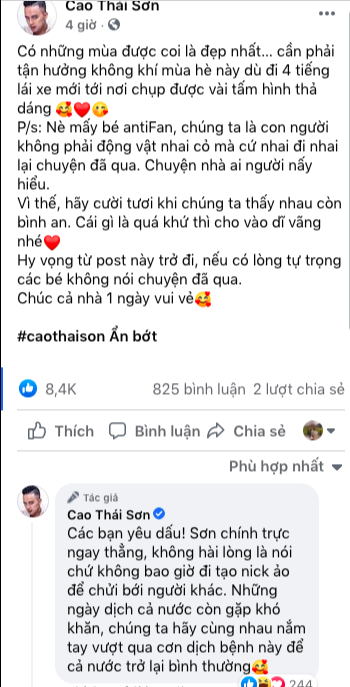 Cao Thái Sơn mỉa mai anti-fan: 'Không phải động vật nhai cỏ mà cứ nhai đi nhai lại'.