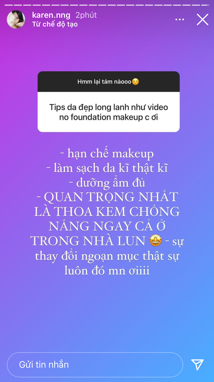 Karen Nguyễn tiết lộ bí quyết để sở hữu gương mặt mộc long lanh.