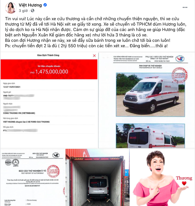 Việt Hương thông báo xe cứu thương gần 3 tỷ đồng đã về đến Việt Nam.