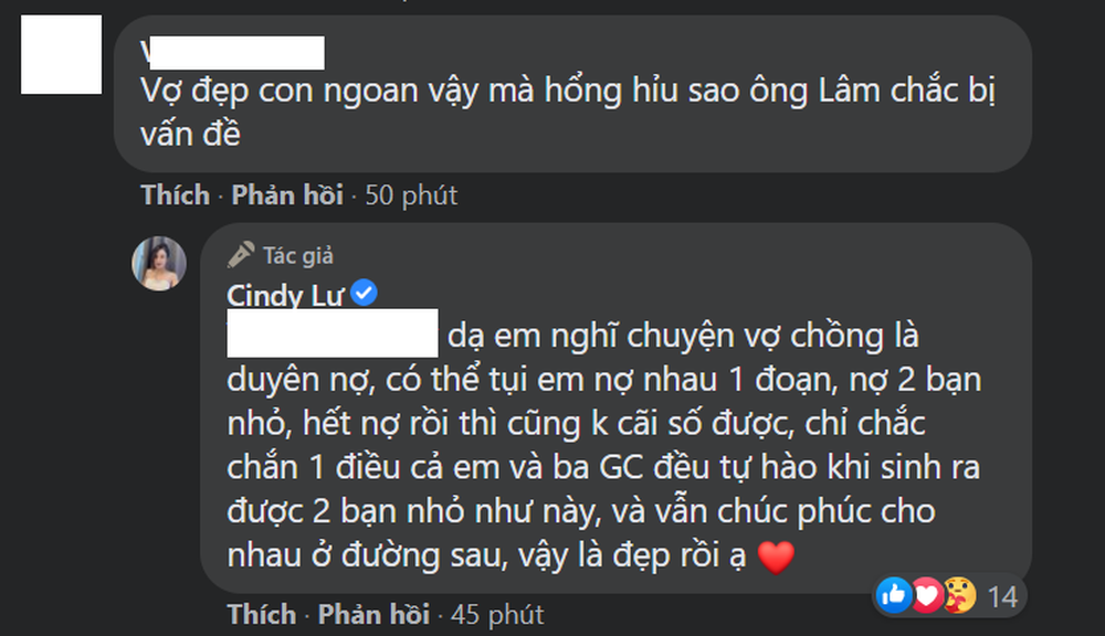 Cindy Lư công khai bảo vệ Hoài Lâm giữa tin đồn cưới vợ mới.