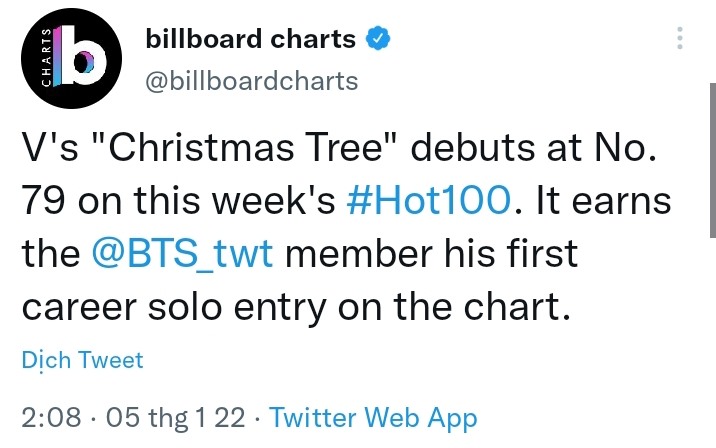 V (BTS) lọt Billboard Hot 100 với tư cách ca sĩ solo - Ảnh 1