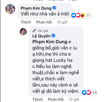 Lệ Quyên tự nhận giỏi văn, muốn viết gì đó làm kỷ niệm.