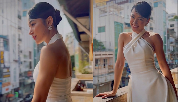 Angela Phương Trinh diện váy nữ tính nhưng cánh tay "lực điền" vẫn chiếm cả khung hình