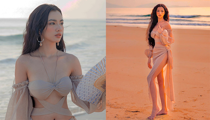 Cẩm Đan diện đầm cắt xẻ, đẹp như nữ thần trên bãi biển