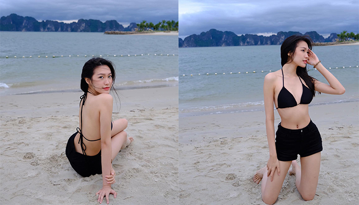Bạn gái Đoàn Văn Hậu diện áo tắm, khoe eo 55 cm trên bãi biển