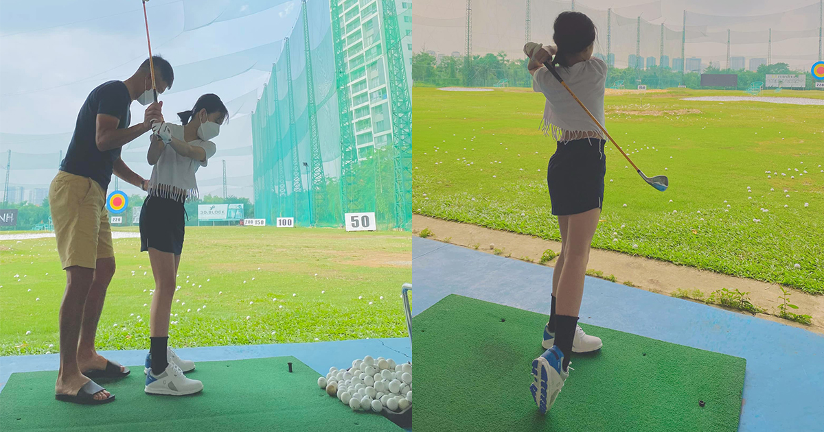 Con gái Công Vinh - Thủy Tiên khoe cặp chân siêu mẫu trên sân golf ở tuổi lên 9