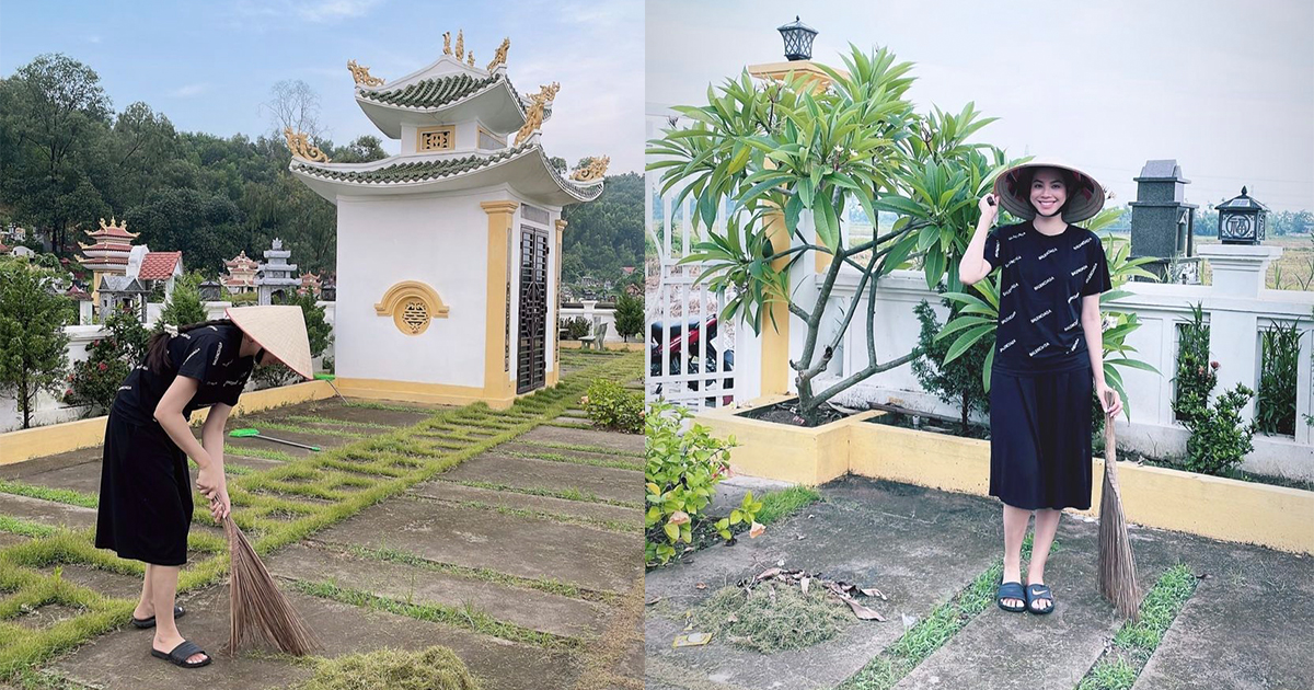 Phạm Hương tự tin khoe ảnh mặc đồ của bà ngoại dọn dẹp ở quê nhà
