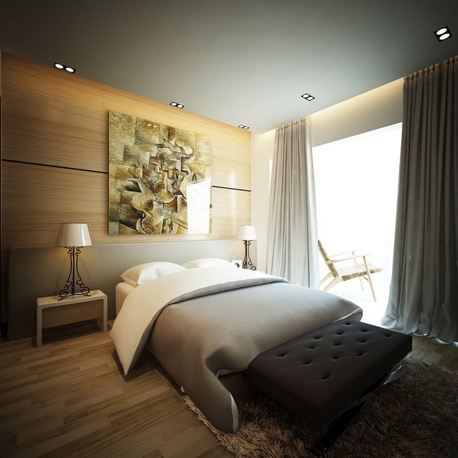 Phòng ngủ được thiết kế hệ thống ánh sáng vàng tạo không gian riêng tư ấm áp.