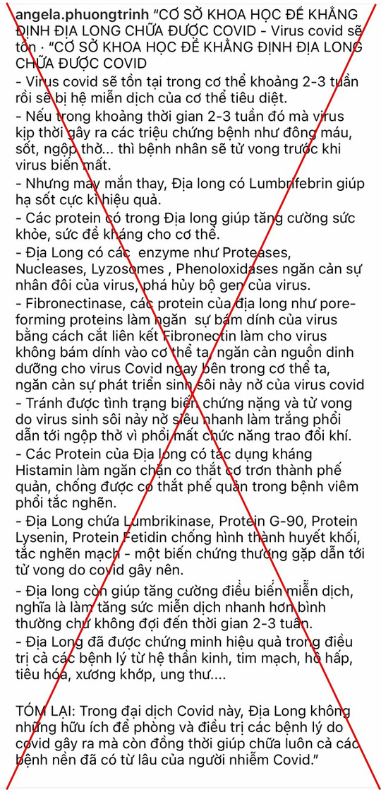 Bài viết mà Angela Phương Trinh đăng tải trước đó, cô chia sẻ thông tin chưa được kiểm chứng liên quan đến chữa Covid-19 bằng Địa Long