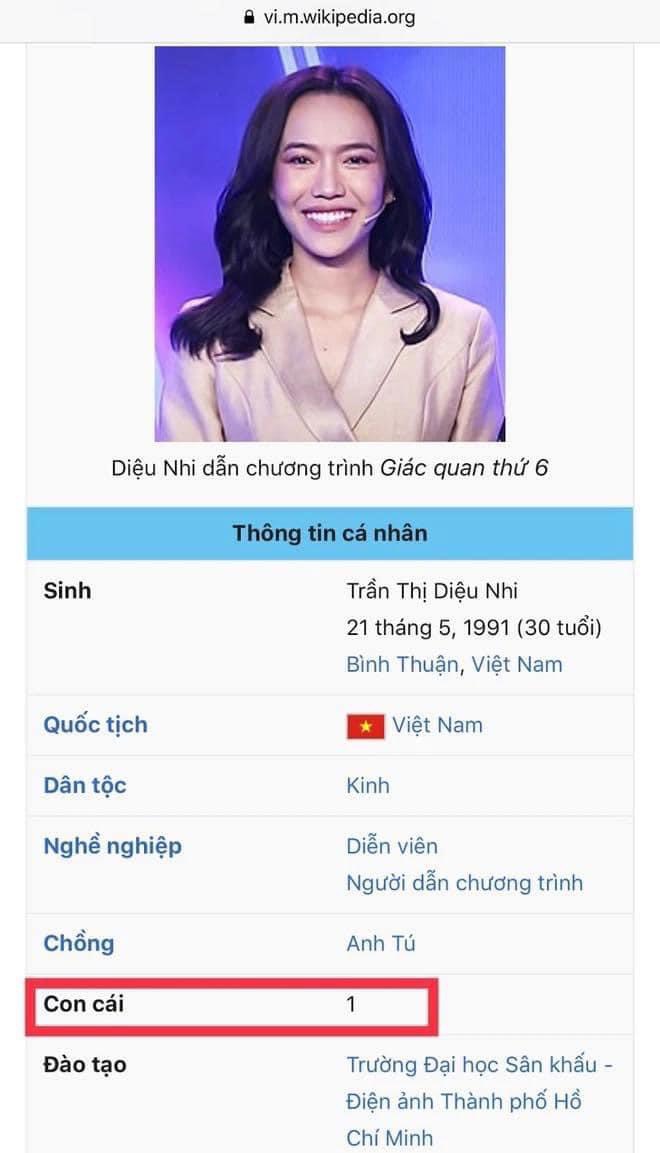 Wikipedia nhanh chóng cập nhật phần thông tin con cái của Diệu Nhi cũng như ghi rõ danh tính ông xã của nữ diễn viên