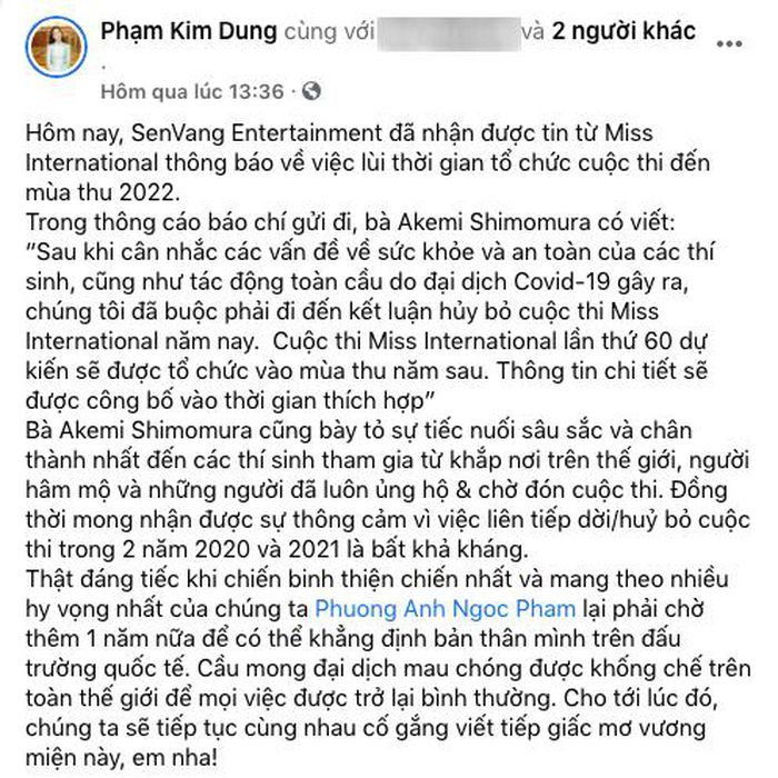 Bài viết dài của 'bà trùm hoa hậu' đăng tải bài viết dài trên mạng xã hội sau khi Miss International lùi lịch