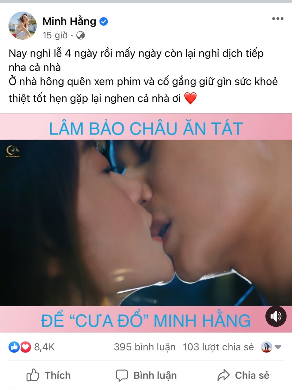 Clip tình cảm giữa nữ diễn viên và Lâm Bảo Châu được Minh Hằng đăng tải cách đây ít giờ