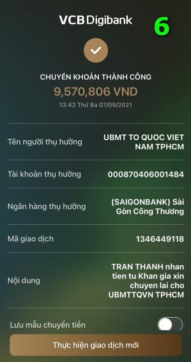 Số tiền gần 10 triệu phát sinh từ tháng 12/2020 đến ngày 6/9/2021 đã được anh chuyển đến Ủy ban Mặt trận Tổ quốc Việt Nam TP.HCM