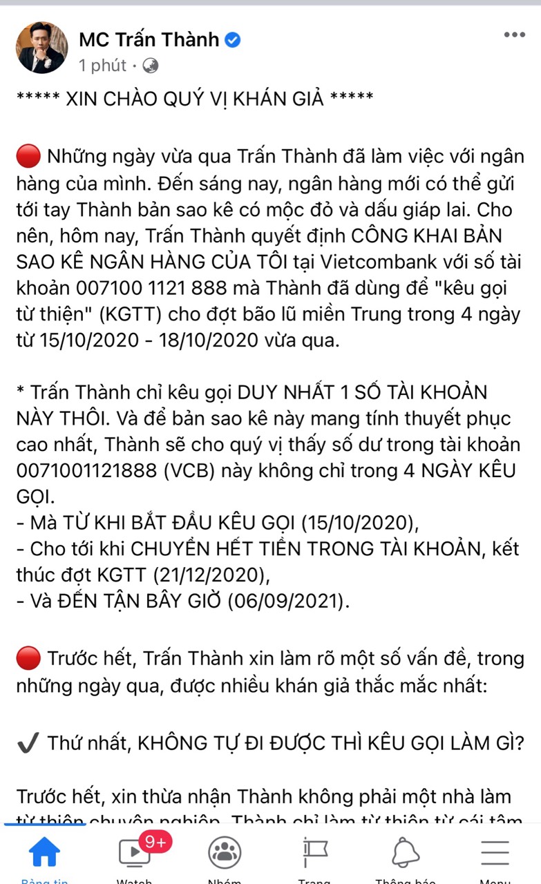 Bài viết mà MC Trấn Thành đăng tải về việc công khai sao kê