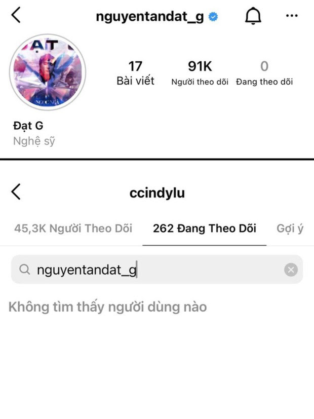 Hiện tại, cả Đạt G và Cindy Lư đã hủy theo dõi nhau trên tài khoản Instagram cá nhân