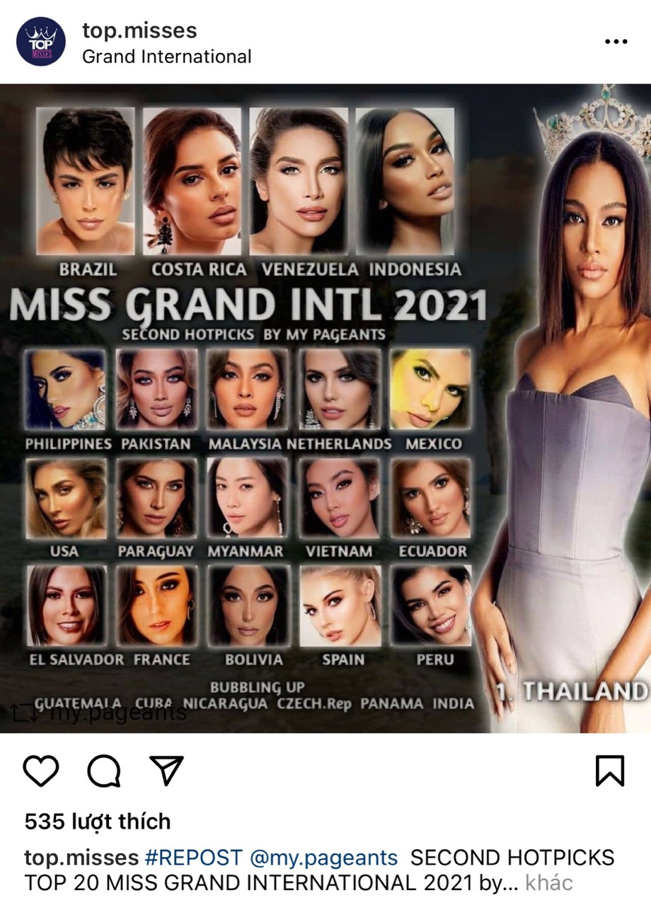 Bảng dự đoán Miss Grand International vừa được chuyên trang sắc đẹp Top Misses công bố