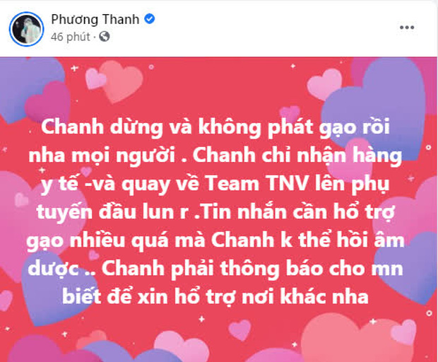Ca sĩ Phương Thanh cũng thông báo dừng phát gạo cho ngươi dân để quay về làm tình nguyện viên hỗ trợ tuyến đầu chống dịch
