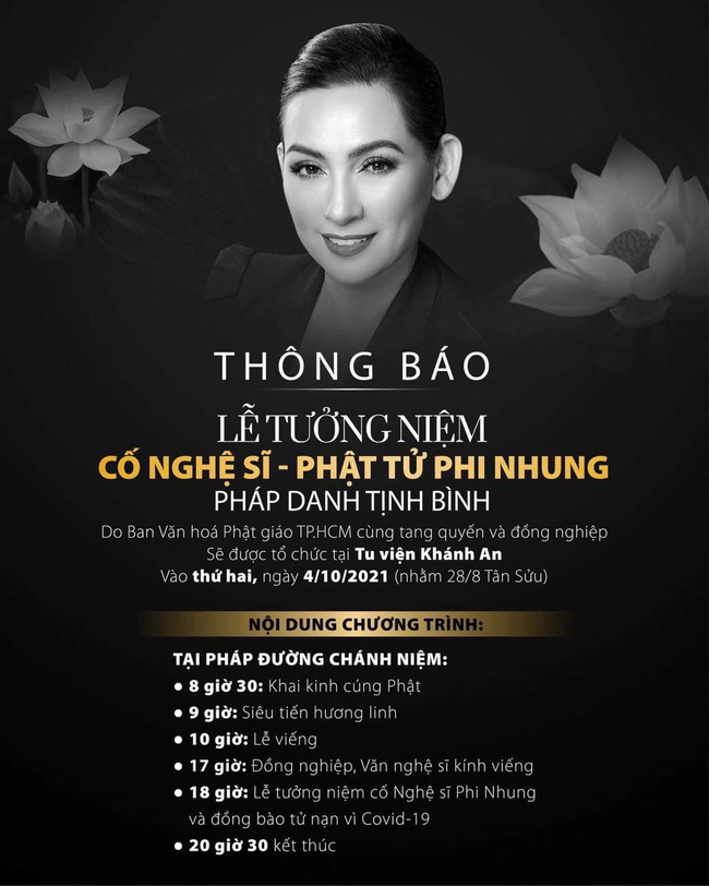 Thông tin về lễ viếng của ca sĩ Phi Nhung đã được chính thức đăng tải