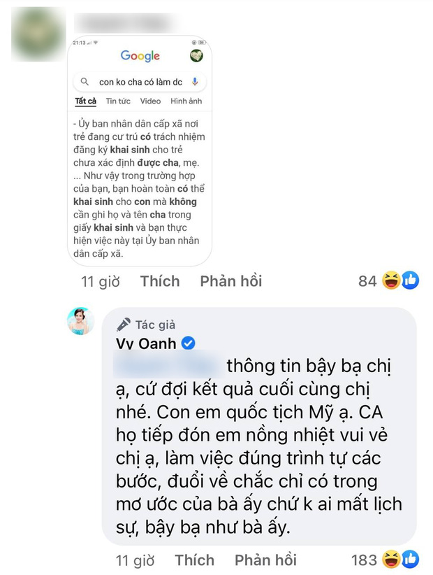 Bình luận của Vy Oanh, khẳng định con mình mang quốc tịch Mỹ khi khai sinh của con không có thông tin cha