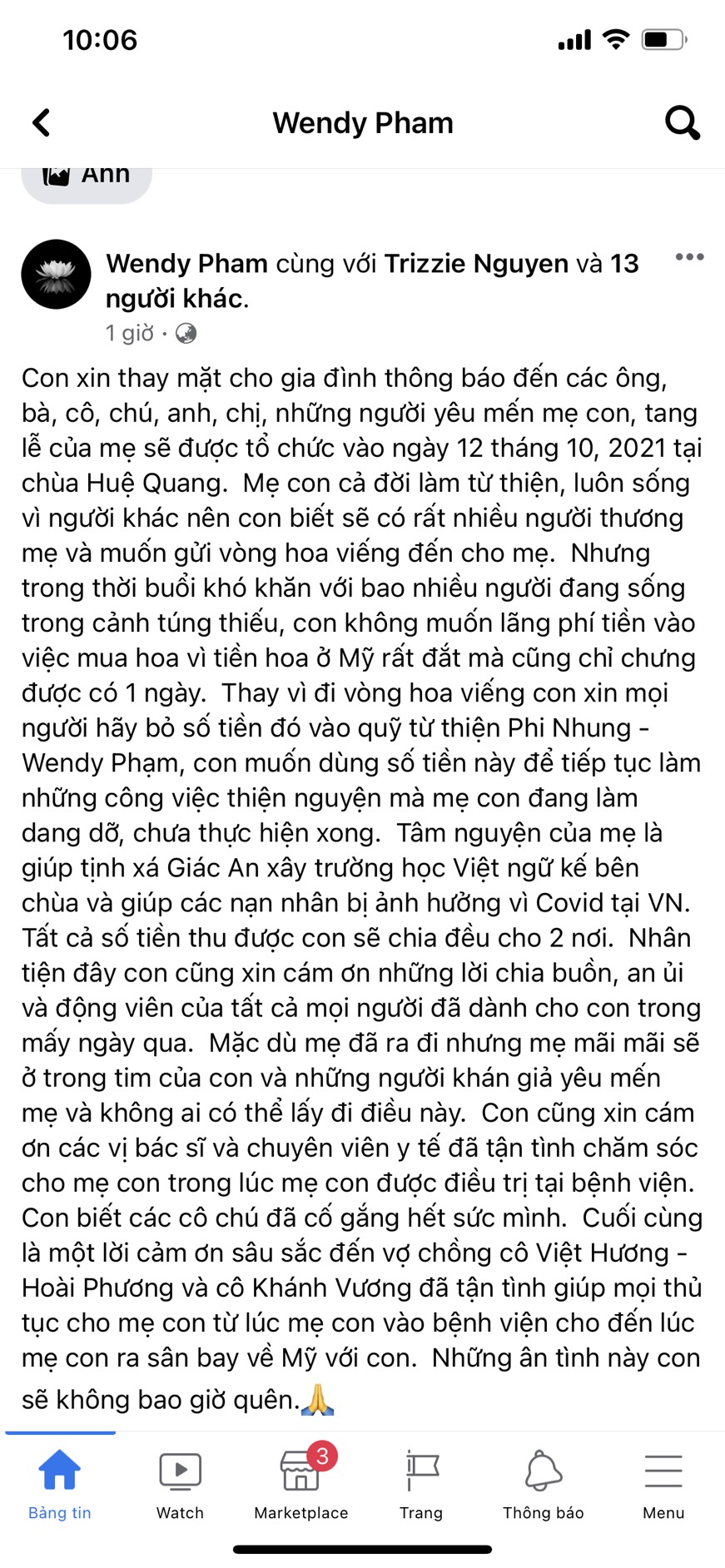 Bài đăng của Wendy Phạm vào ngày 9/10, thông báo về tang lễ của mẹ