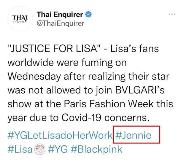 Bài đăng gây tranh cãi của 1 trang báo Thái Lan khi để hashtag của Jennie trong bài đăng có tiêu đề 'Công bằng cho Lisa'
