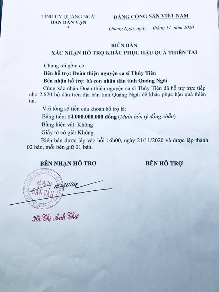 Biên bản xác nhận của Ban Dân vận tỉnh Quảng Ngãi được phía Thủy Tiên đăng tải trước đó