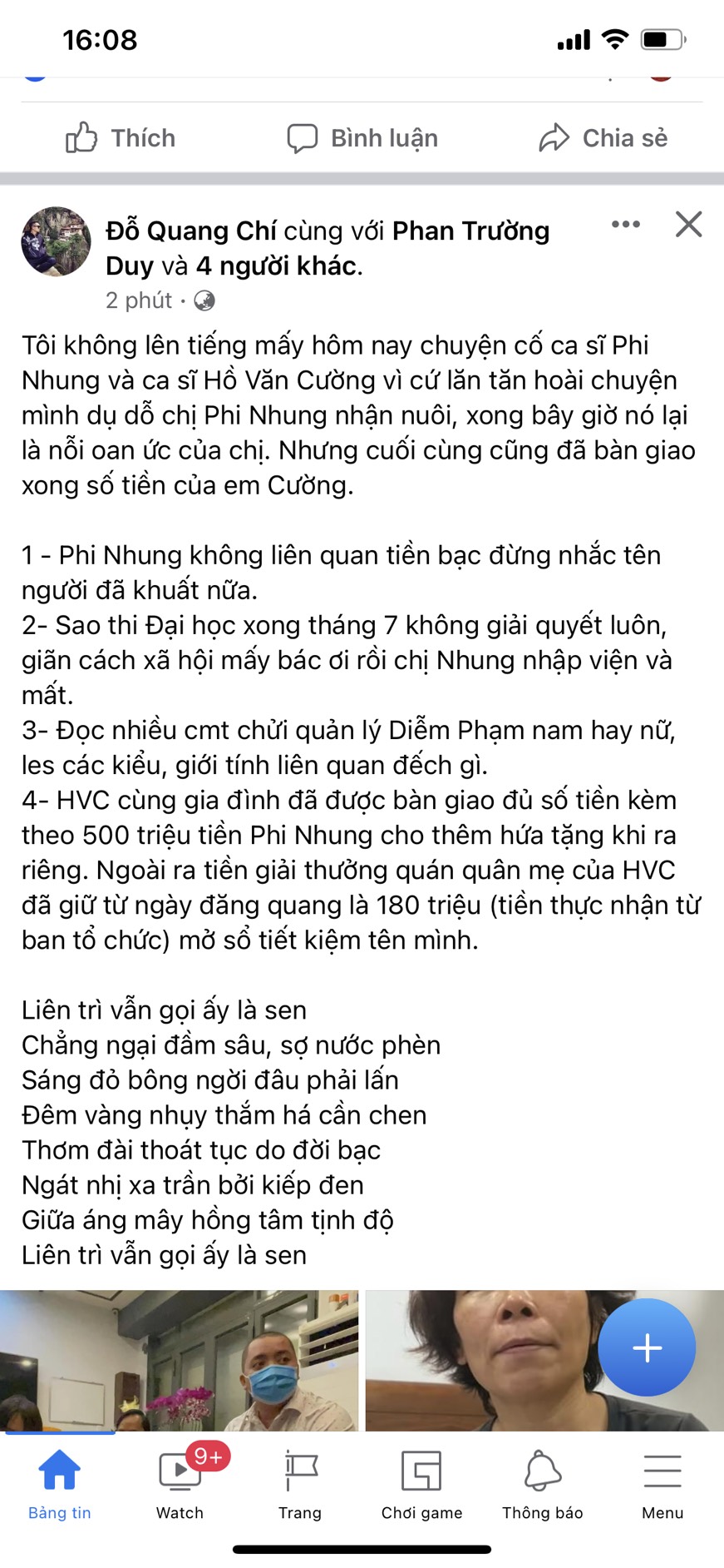 Bài đăng cùng thời điểm của thành viên trong ê kíp của ca sĩ Phi Nhung sau khi trao lại tiền cho Hồ Văn Cường