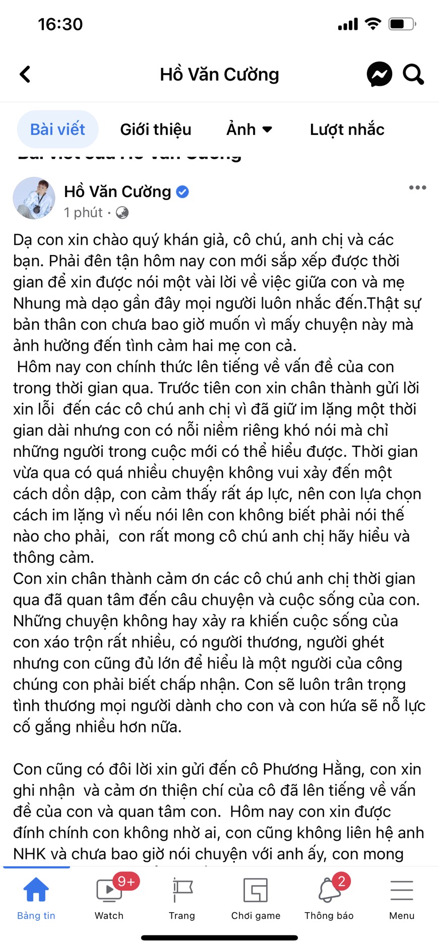 Bài đăng vào chiều ngày 11/10 của Hồ Văn Cường sau khi cựu quản lý thông báo đã bàn giao lại tiền cho nam ca sĩ