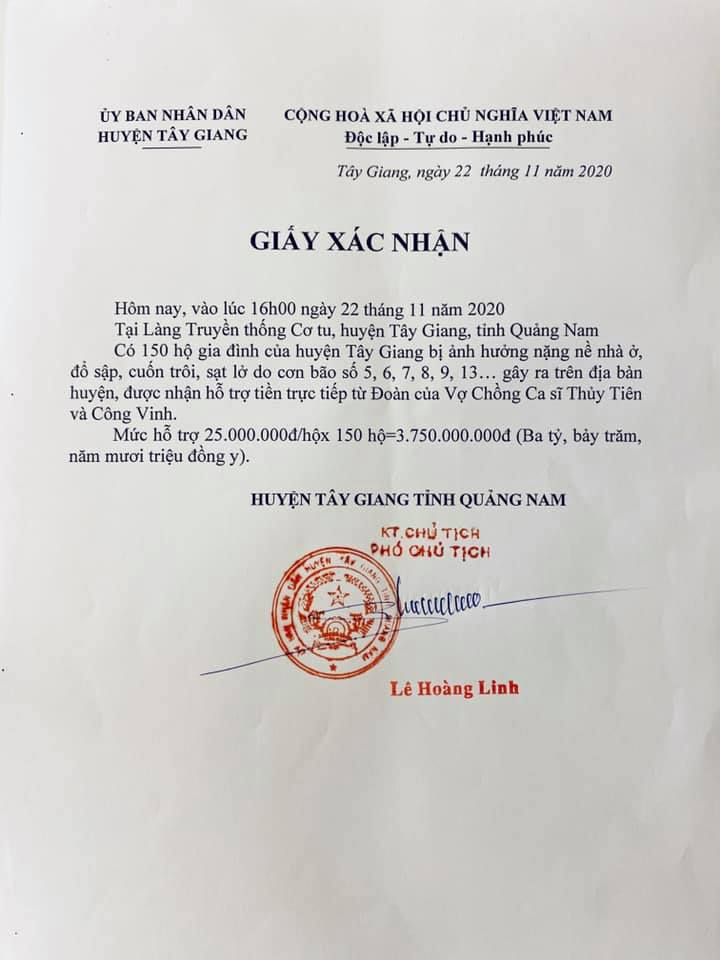 Giấy xác nhận của huyện Tây Giang (Quảng Nam) có chữ ký của ông Lê Hoàng Linh được phía ca sĩ Thủy Tiên chia sẻ trước đó