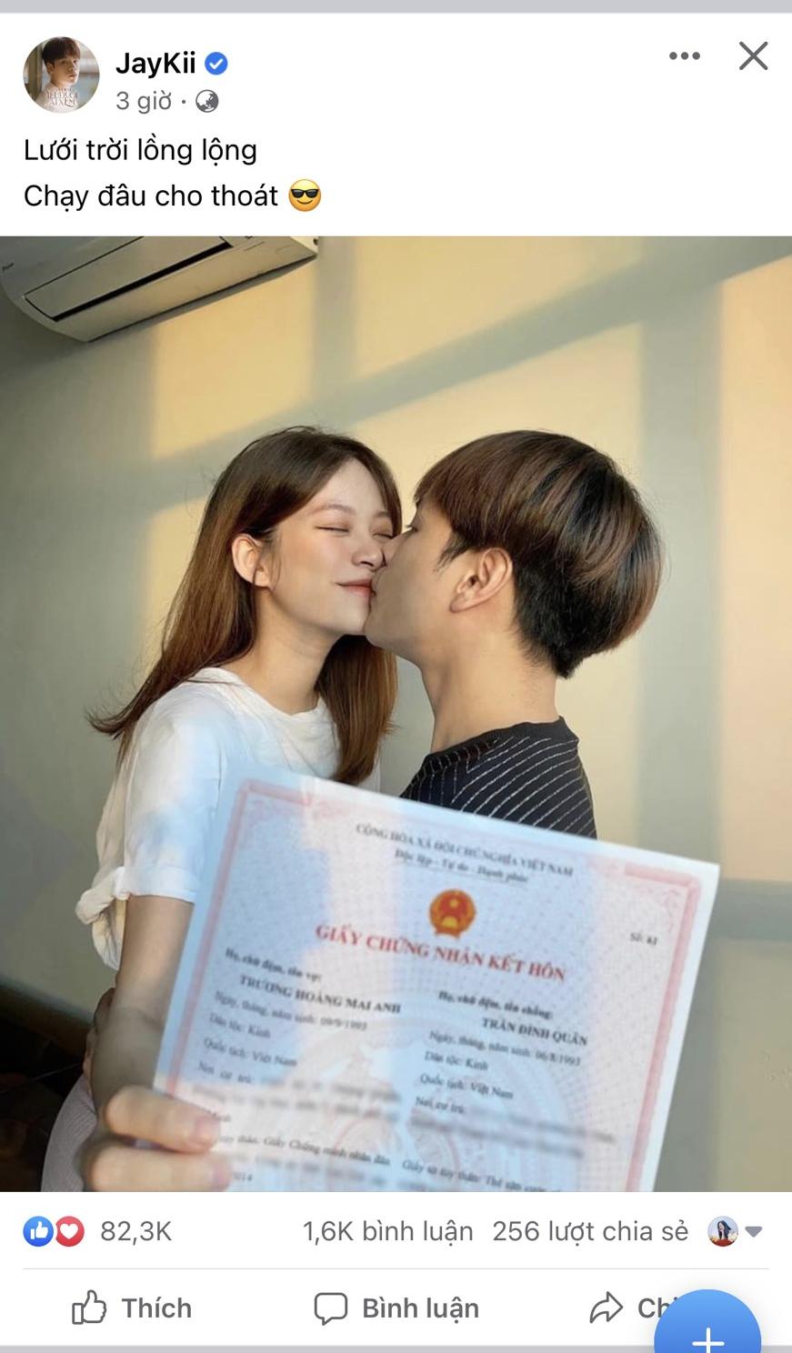 Jaykii khiến dân tình xôn xao khi đăng tải hình ảnh bên bà xã cũng giấy chứng nhận kết hôn sau 1 tháng thông báo có con đầu lòng