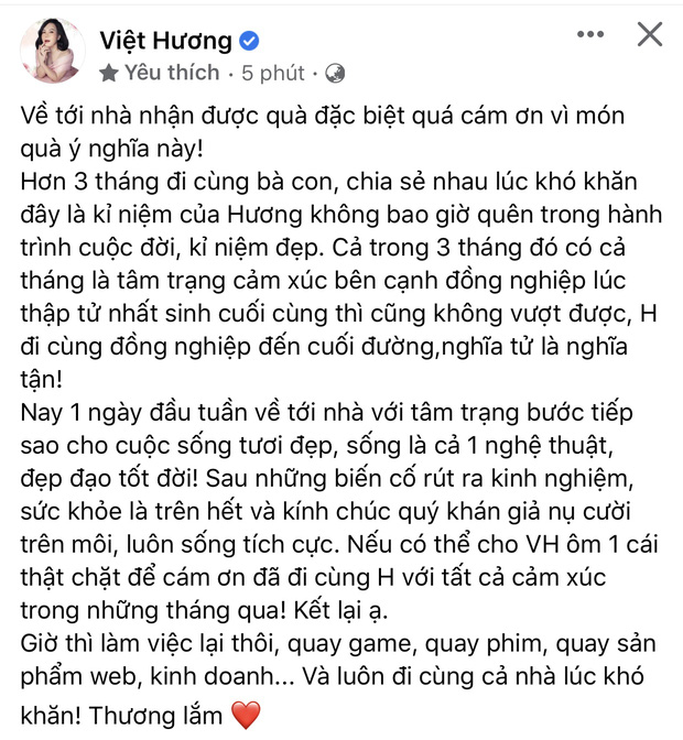 Bài viết mà Việt Hương đăng tải trên trang cá nhân, gửi lời cảm ơn đến món quà của người hâm mộ