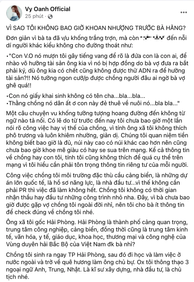 Bài đăng dài của Vy Oanh trên trang cá nhân cách đây ít giờ thu hút sự chú ý của cư dân mạng