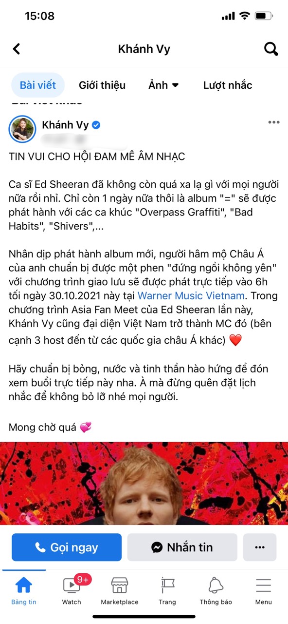 Bài viết mà Khánh Vy đăng tải trên trang cá nhân, thông báo việc sẽ trở thành MC cho chương trình Fan Meet của Ed Sheeran