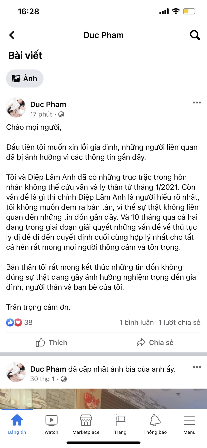 Bài đăng của ông xã Diệp Lâm Anh khiến cư dân mạng xôn xao