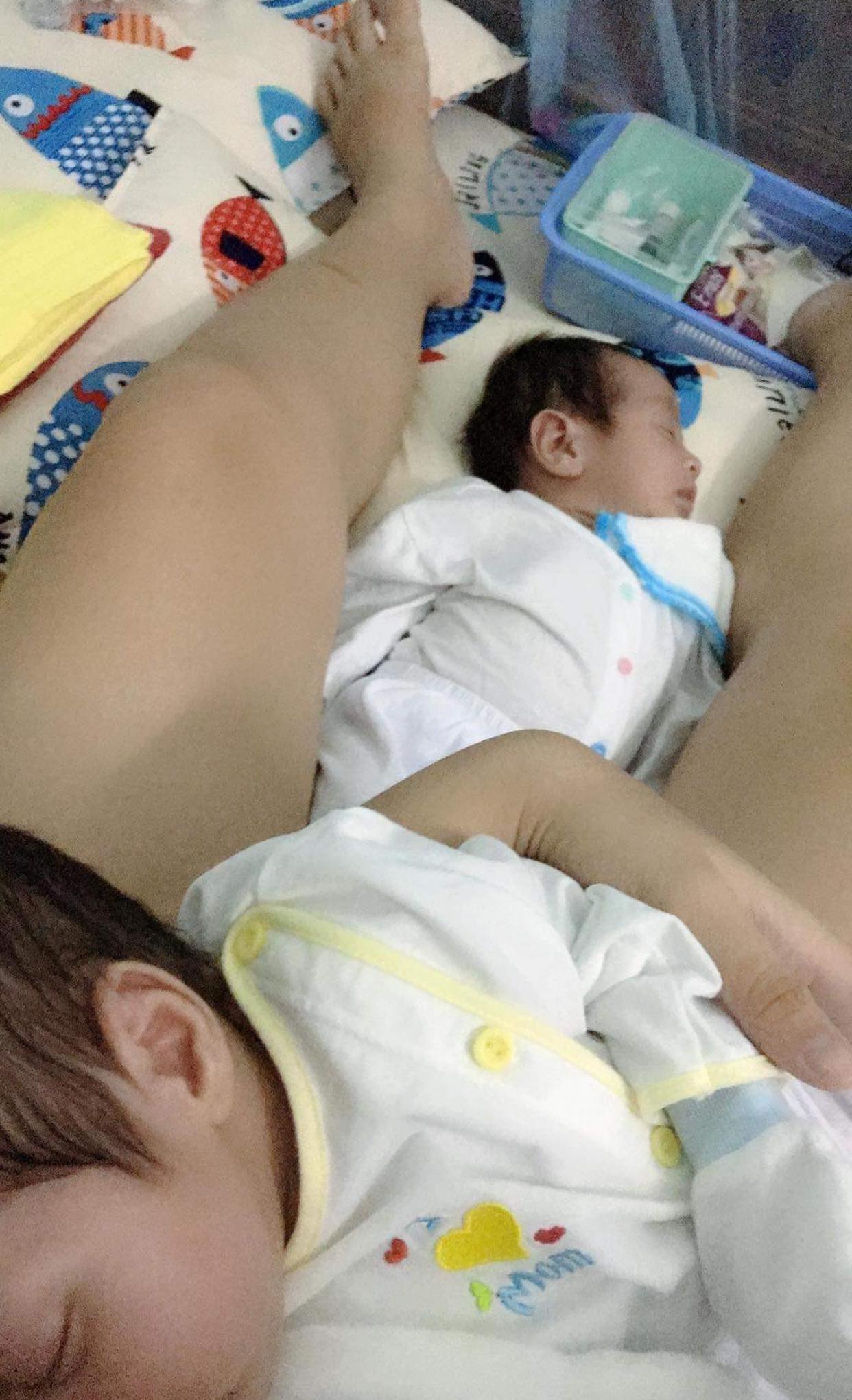 Hình ảnh một mình Đặng Thu Thảo chăm sóc cho 2 con mới sinh