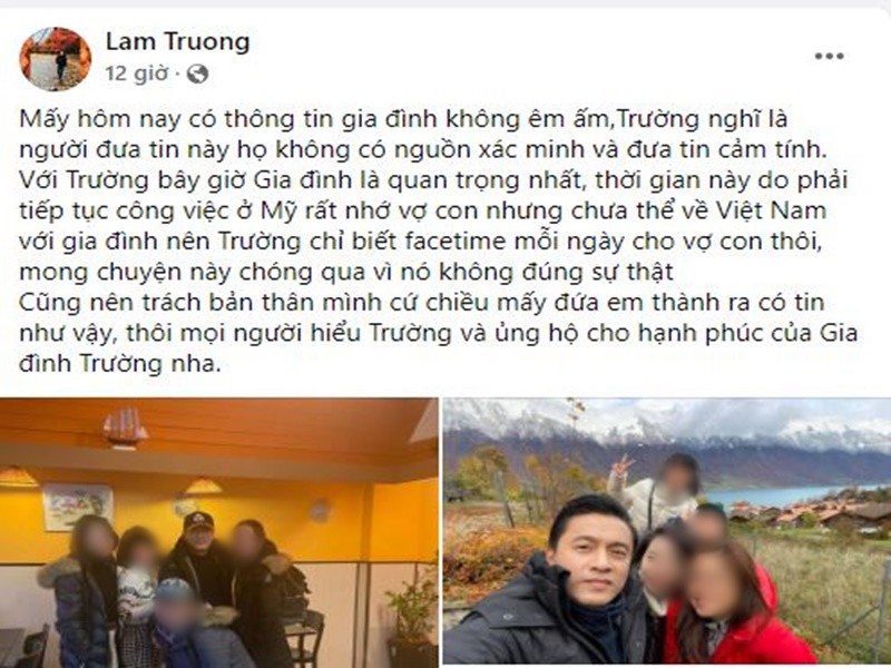Bài đăng của ca sĩ Lam Trường lên tiếng sau khi vướng tin đồn bí mật ly hôn bà xã kém 17 tuổi