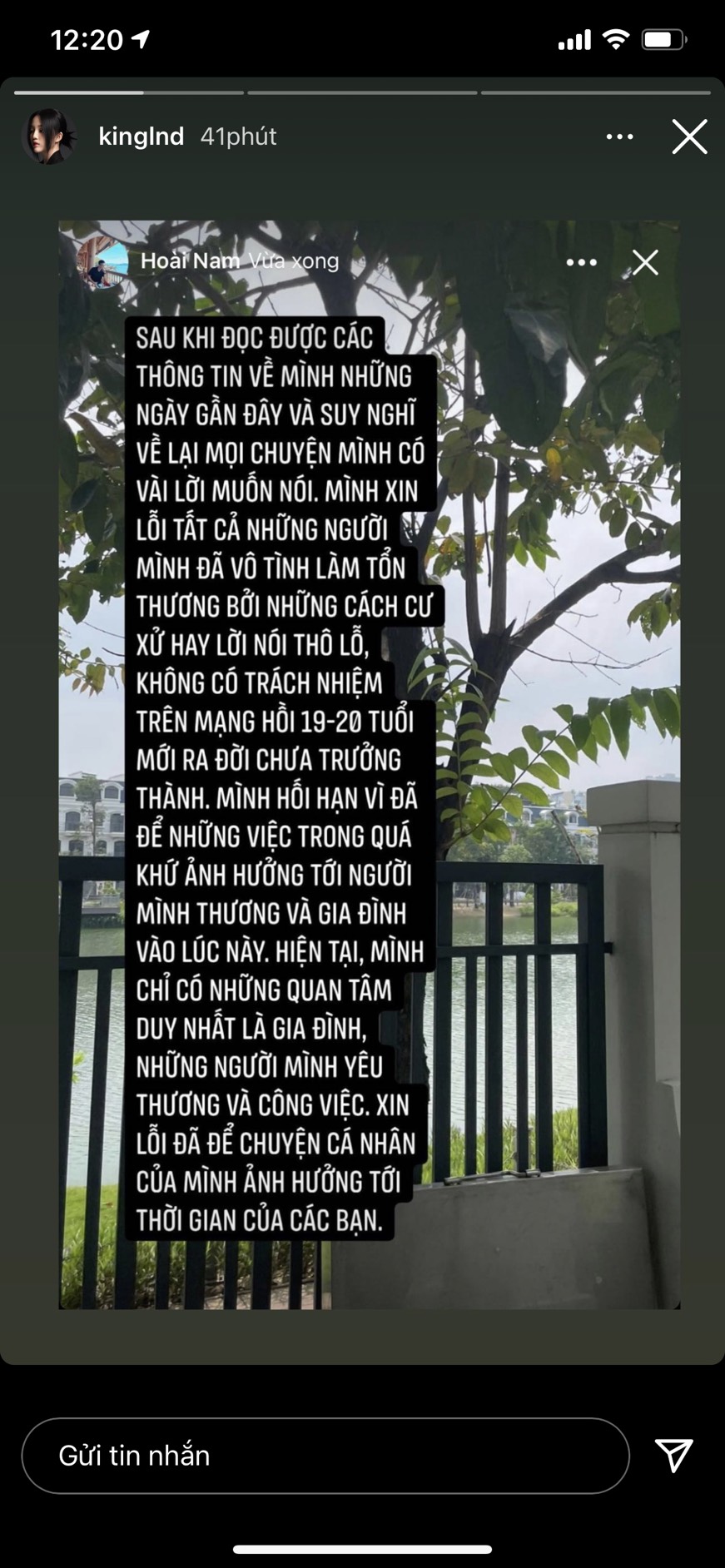 Story bạn trai Linh Ngọc Đàm đăng tải cách đây ít phút, đề cập đến ồn ào gạ tình của mình trước đó 1 ngày